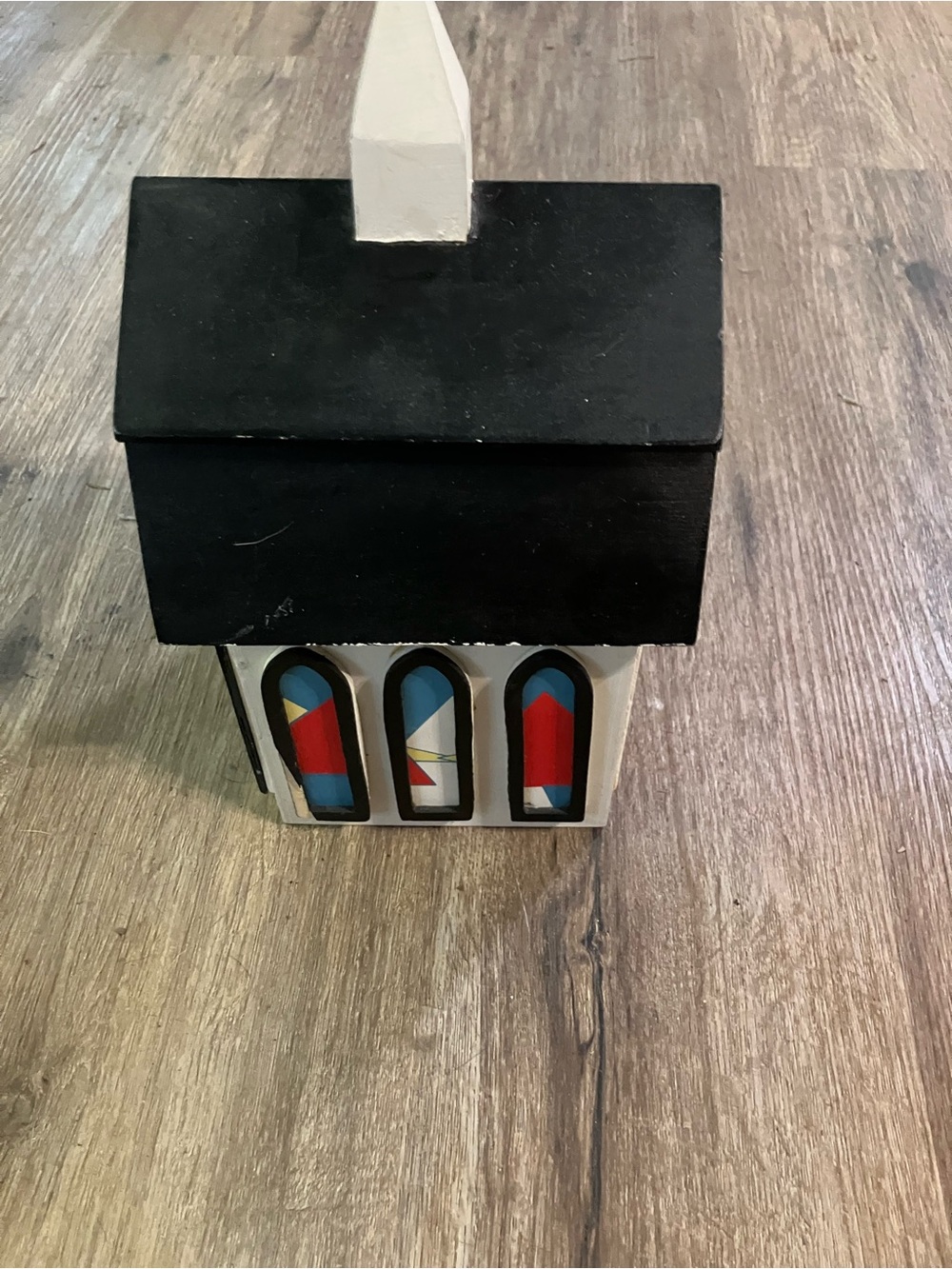 Hand-Painted Decorative Birdhouse — White, Black, Red & Blue Accents - Picture 2 of 3
